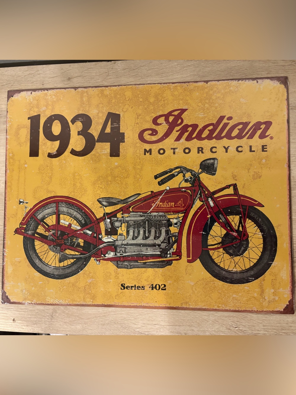 Indian Motorcycle 1934 Metal Sign. 12.5”x16” Vintage & Aged Design. Made in USA.